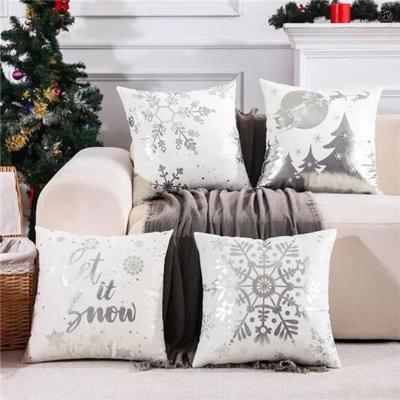 Set of 4, Christmas Decorations Silver and White Christmas Pillow Covers 18x18" - Picture 4 of 9